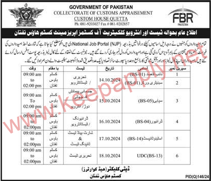 Test Interview schedule in Customs Department, Quetta / Taftan